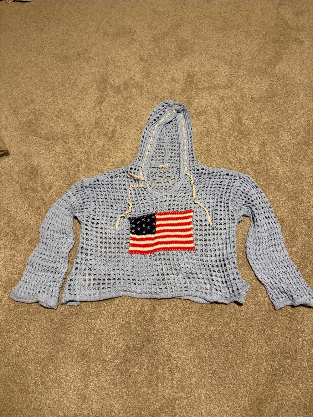 Pol Women’s Light Blue Crochet Hooded Sweater with American Flag